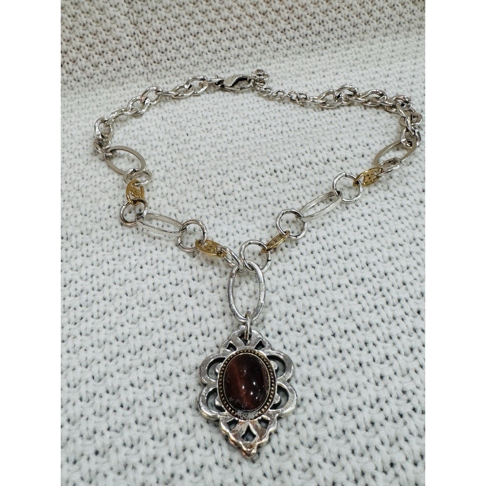 Retired Brighton Tiger's Eye Two Tone Pendant Necklace Adjustable 18"